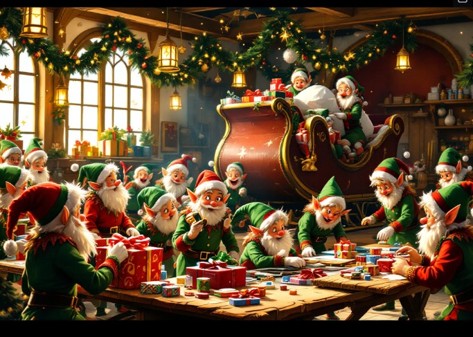 Festive scene of Santa's elves diligently packing gifts onto his sleigh in the Lapland workshop.